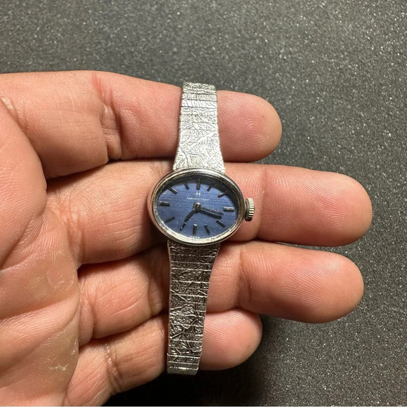 Vintage Hamilton Ladies Mechanical Wind Up Watch Silver Tone Blue Dial 10K R.G.P - Picture 1 of 9